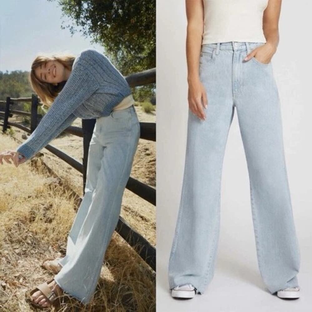 AMO Womens Frida Wide Leg Jeans Raw Hem Beloved Wash Cotton USA High Rise 25